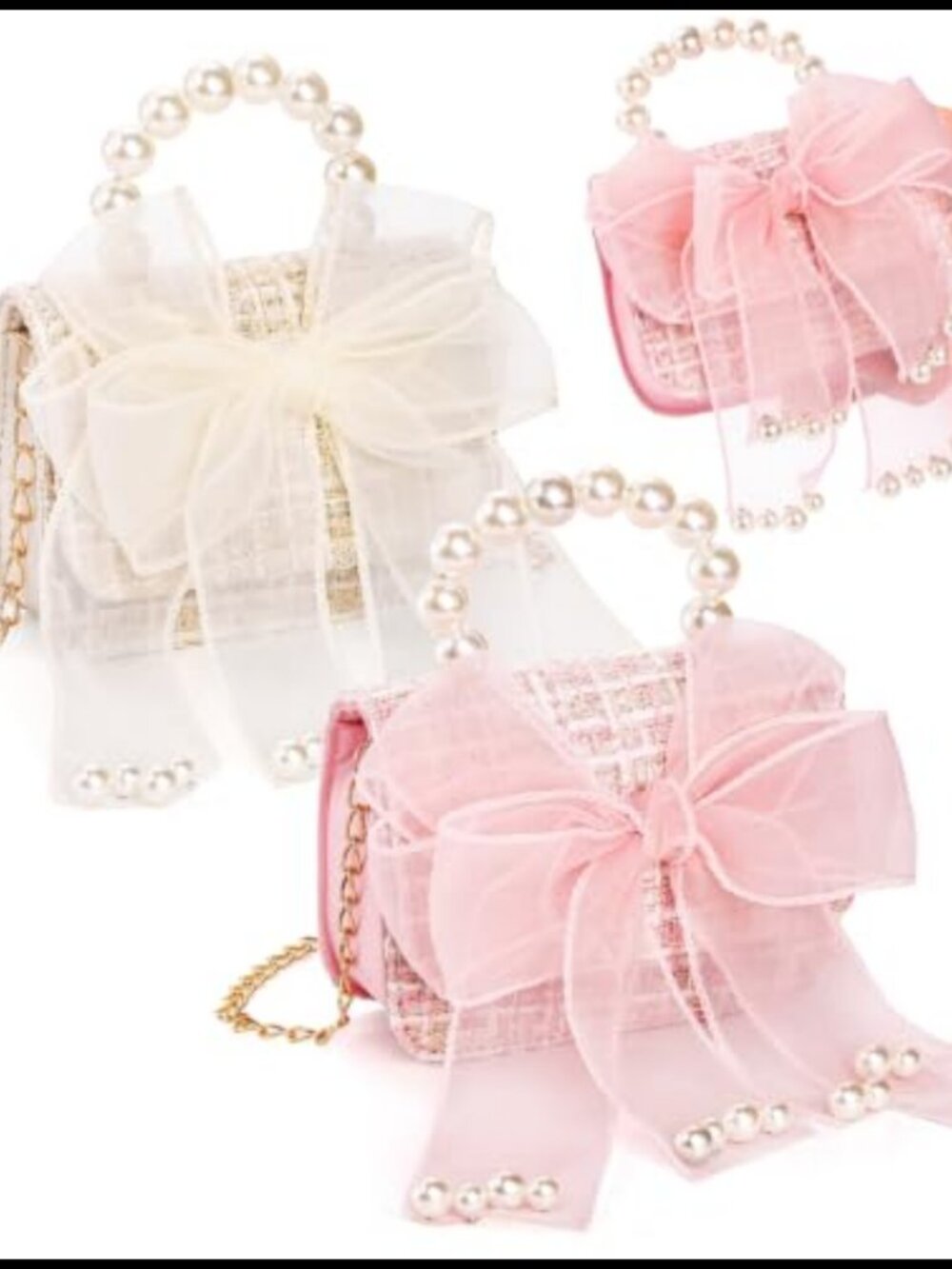 2 Pack Mini Crossbody Purse Set with Bowknot Pearl Handle Detachable Gold Chain